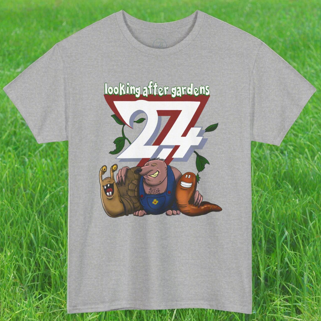 Gray fun t-shirt with Gardening Squad cartoon slug, mole, and snail design by 24/7 Unique Designs