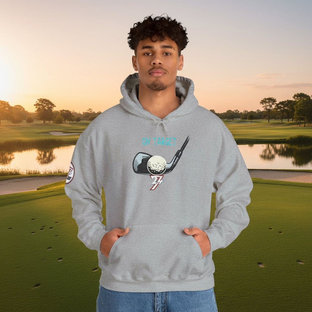 Gray golf hoodie with hand-drawn golf club and ball design, front kangaroo pocket, adjustable hood, worn by male model