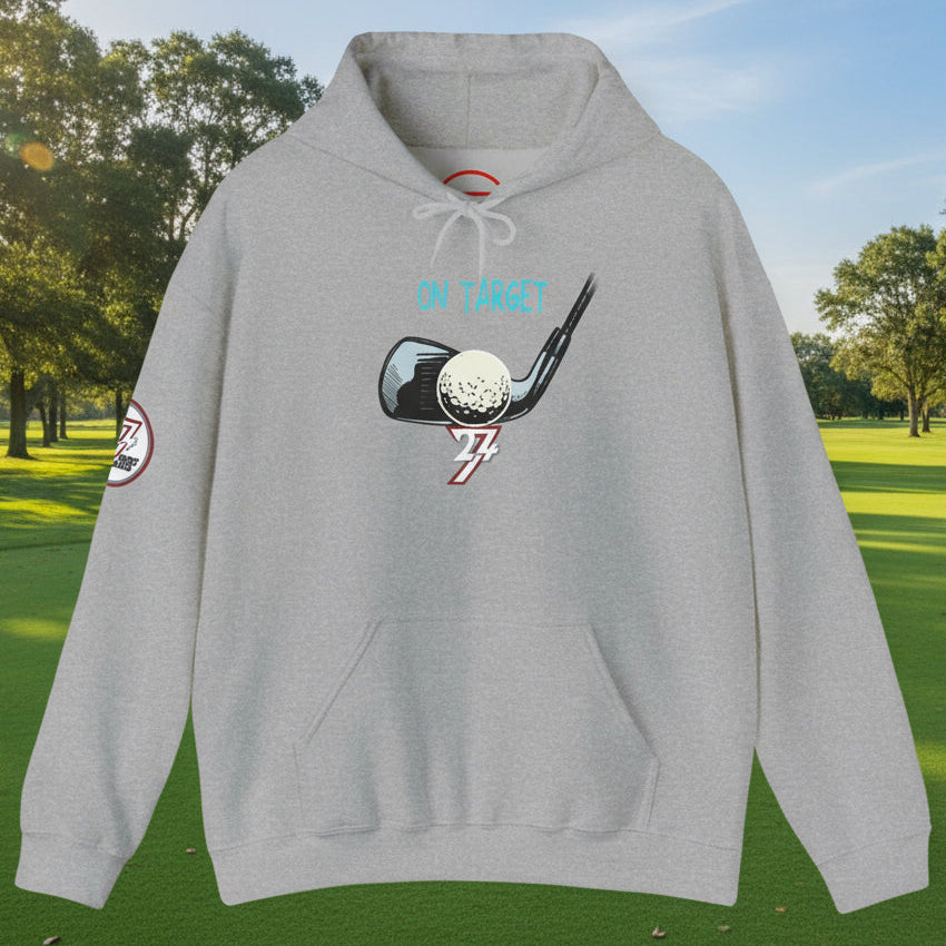 Gray golf hoodie with hand-drawn golf club and ball design, kangaroo pocket, and adjustable hood