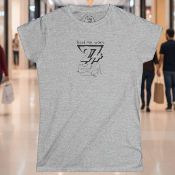 Gray graphic tee for women with "heel my world" quote and handbag, high heels outline design