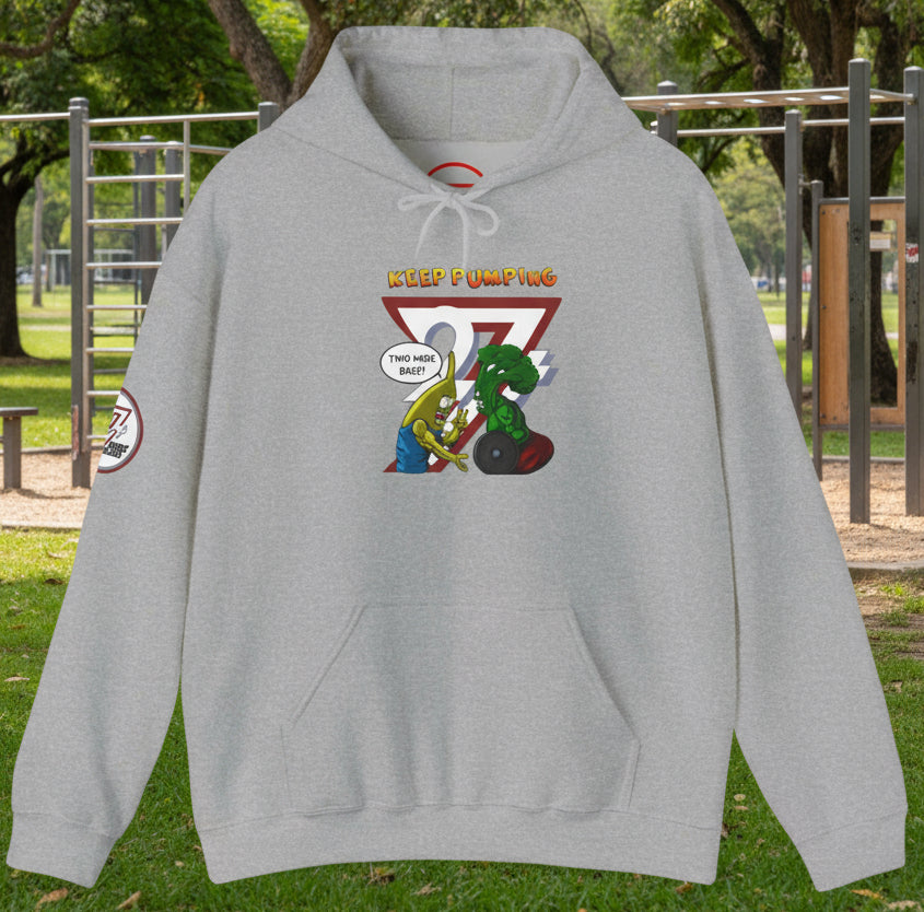 Gray hoodie with cartoon broccoli and banana workout characters and "Keep Pumping" text