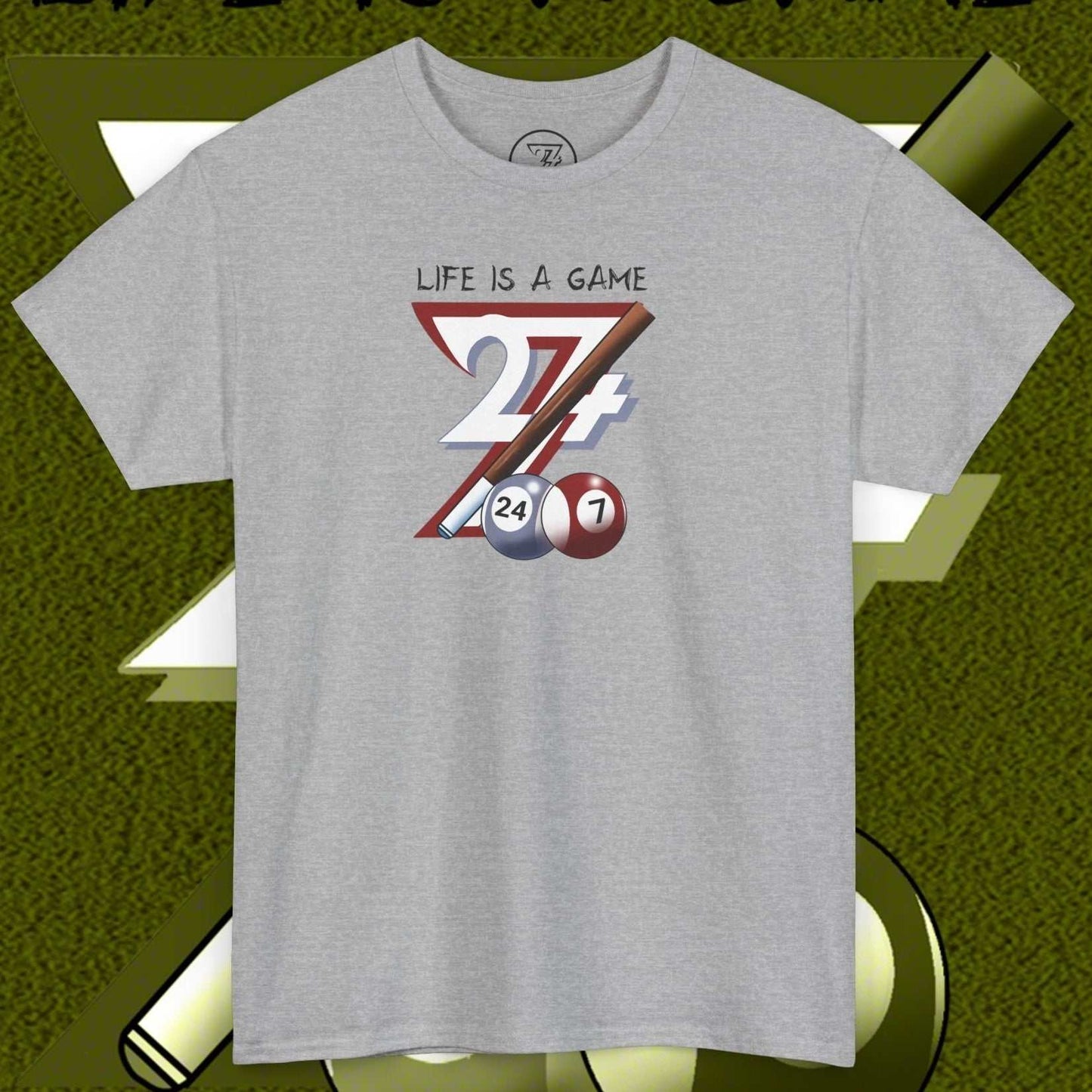 Gray pool tee with "Life is a Game" design featuring billiards balls 7, 24, and 1 on front