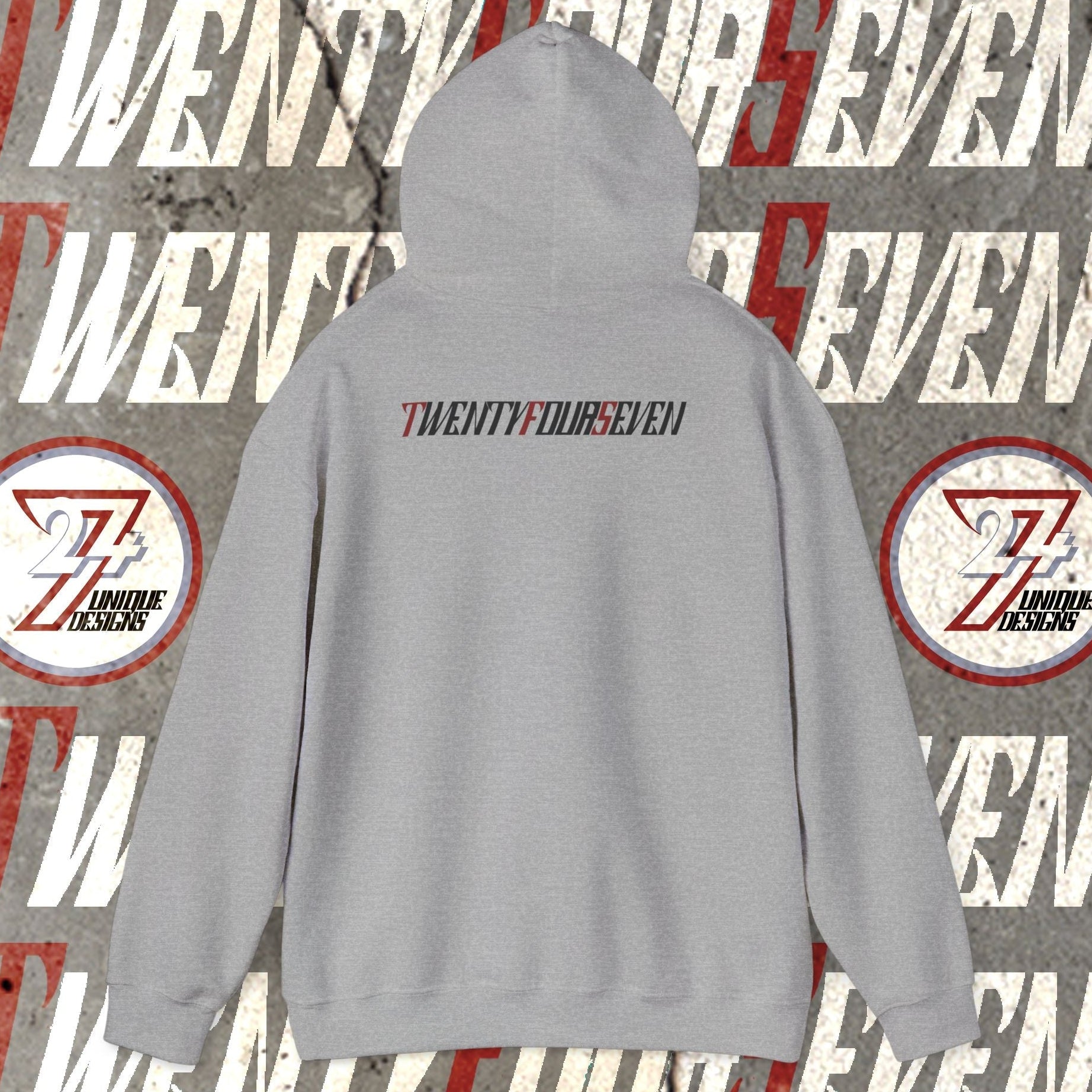 Gray printed hoodie with twentyfourseven logo on the back, cotton-polyester blend, casual adult sweatshirt