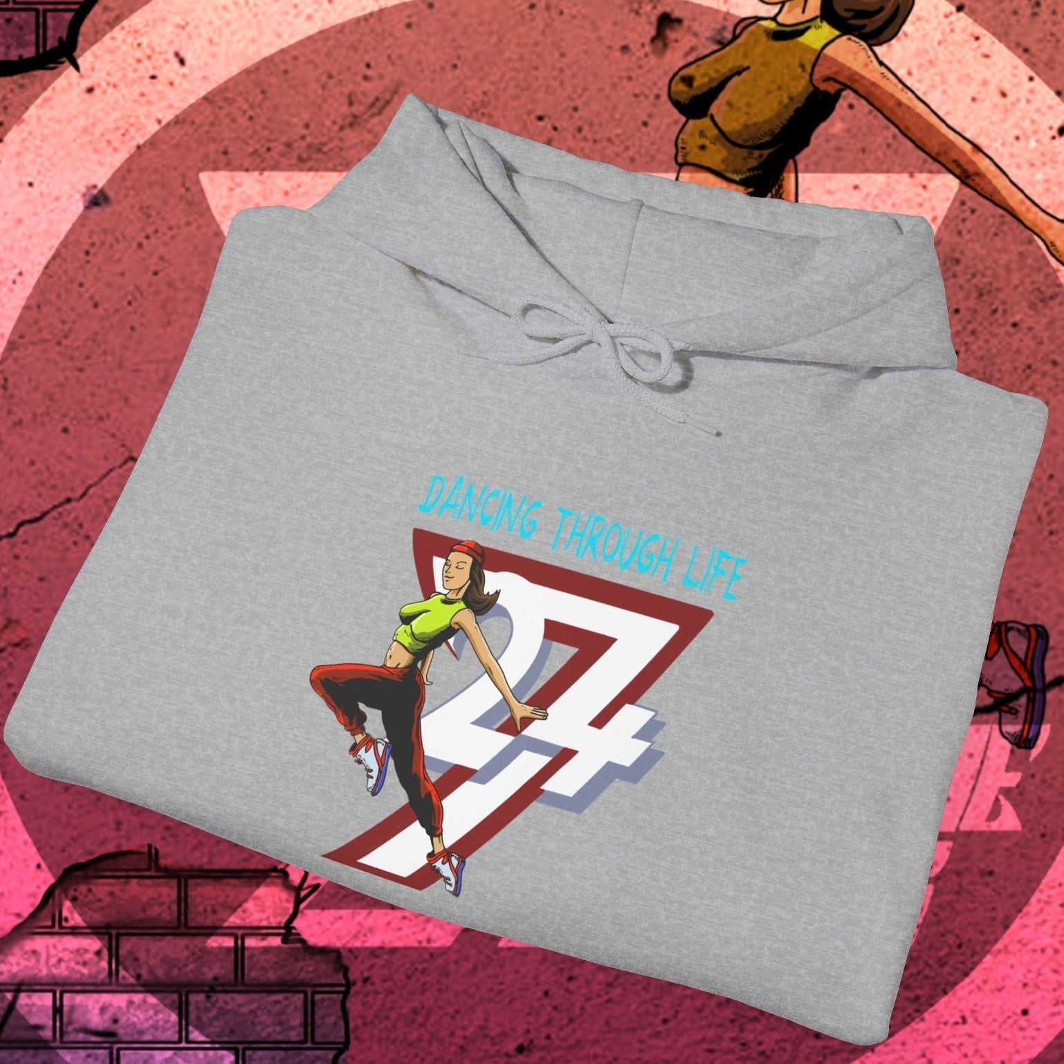 Gray street dance hoodie for women with colorful dancing illustration and "Dancing Through Life" text, stylish urban casual wear