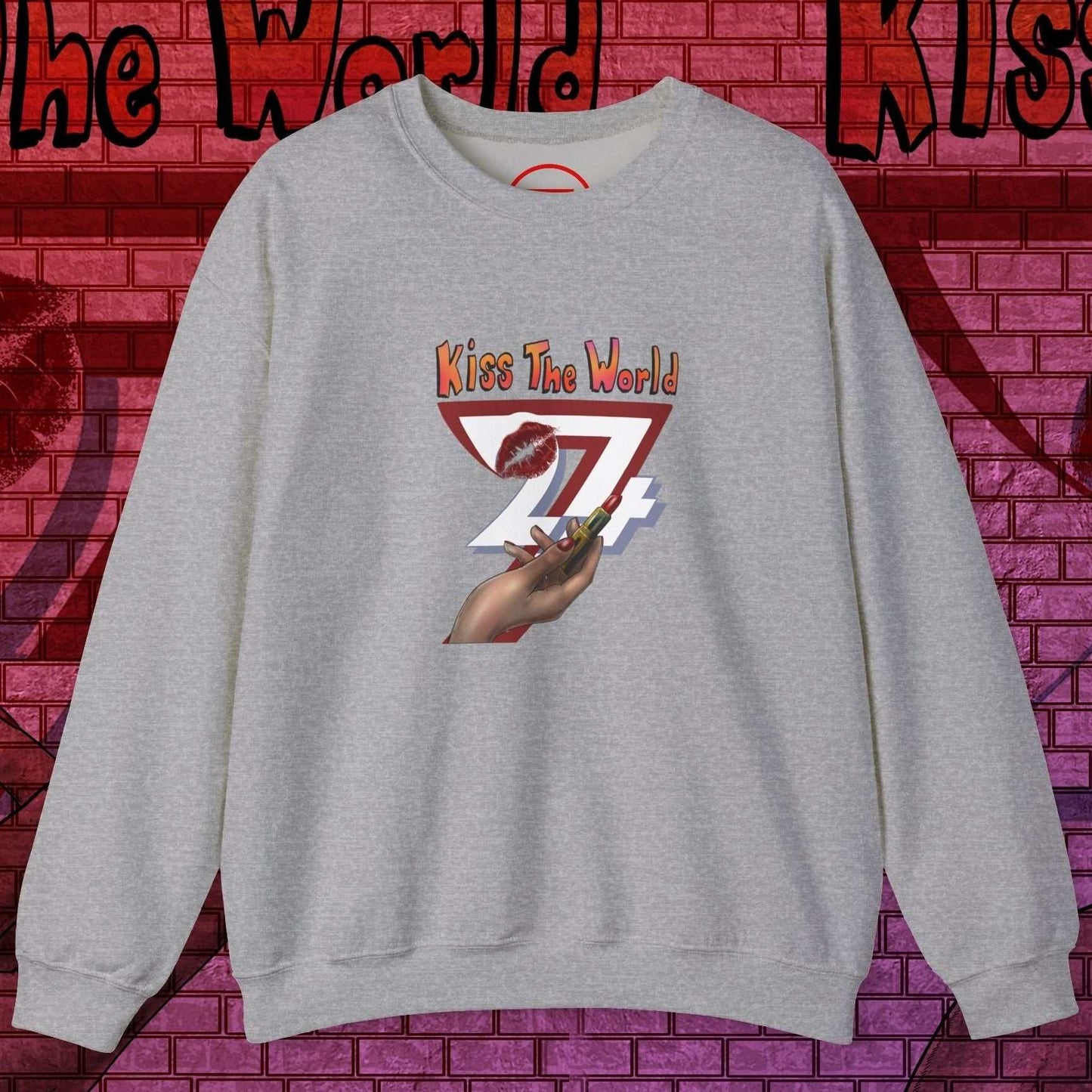 Gray sweatshirt for women with bold lipstick design and "Kiss The World 24/7" text printed on front