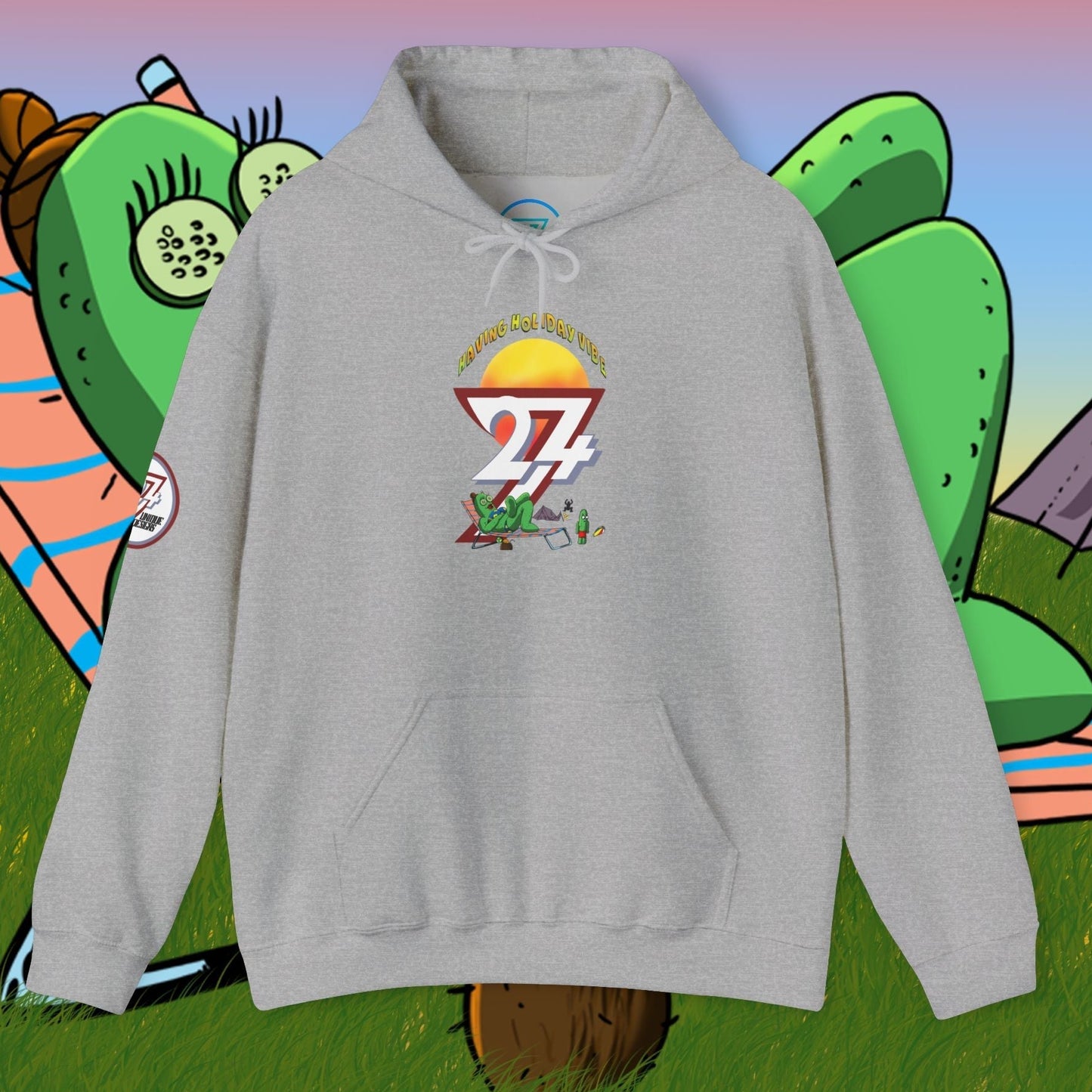 Gray unisex cactus hoodie with cartoon character and camping design, adjustable hood, kangaroo pocket, cotton-polyester blend.