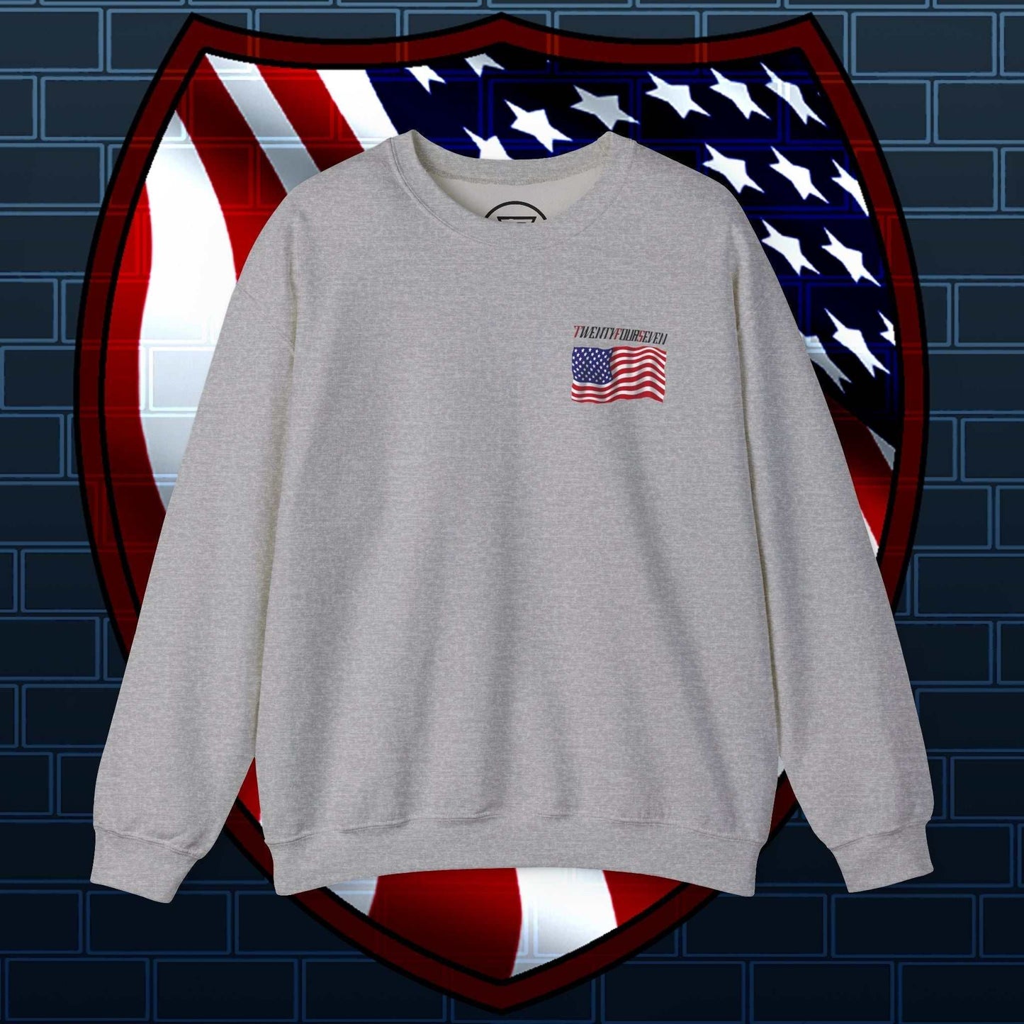 Gray unisex sweatshirt with small American flag and patriotic logo design, cozy and casual wear