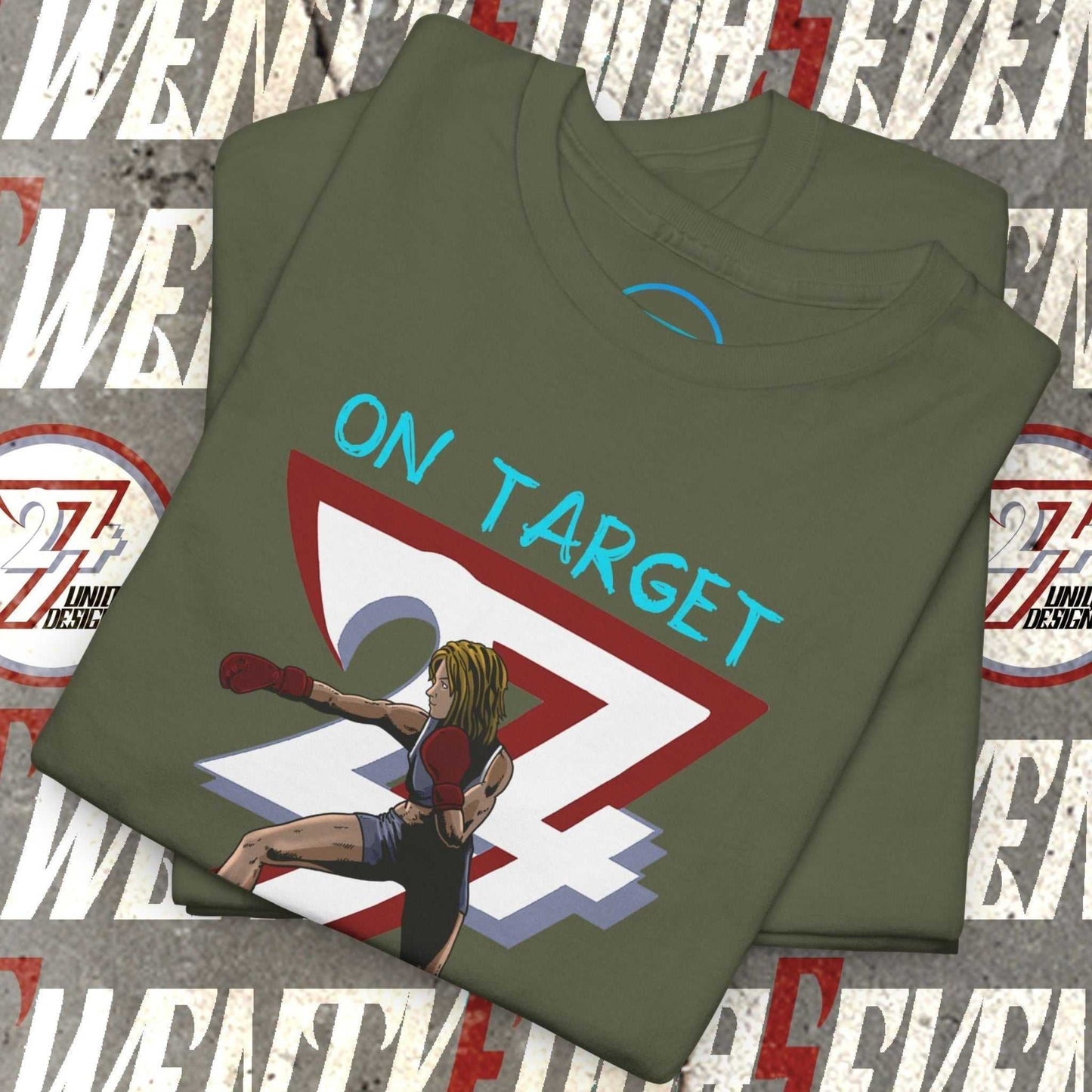 Green Boxer Girl T-Shirt with hand-drawn female boxer and "On Target 27" design for fighters and combat sports fans