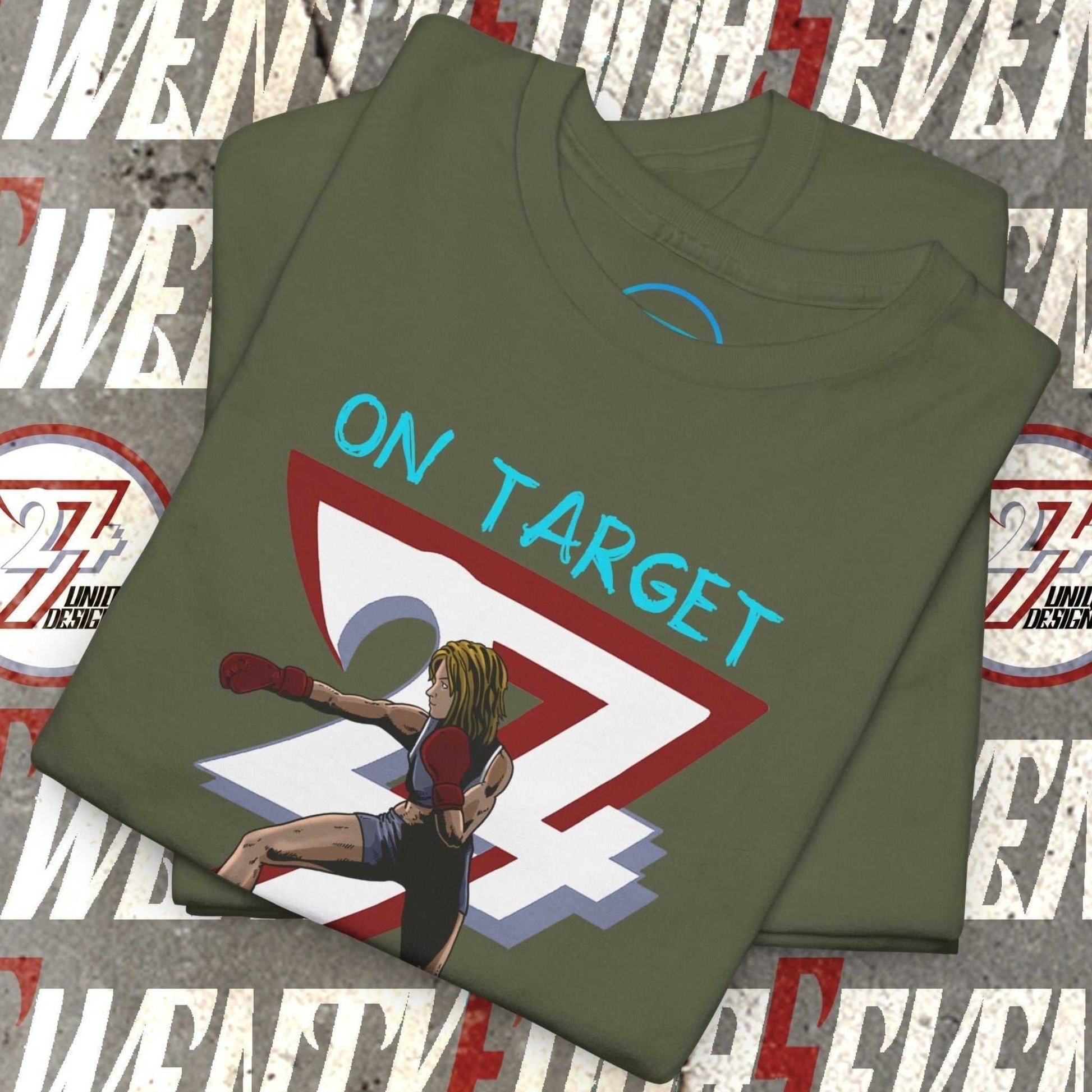 Green Boxer Girl T-Shirt with hand-drawn female boxer and "On Target 27" design for fighters and combat sports fans