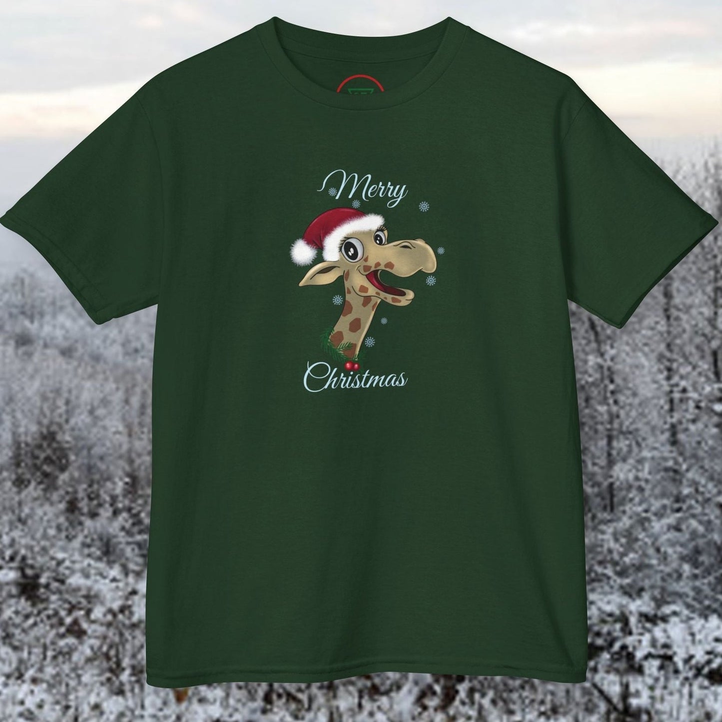 Green Christmas giraffe t-shirt for children with festive cartoon design and "Merry Christmas" text