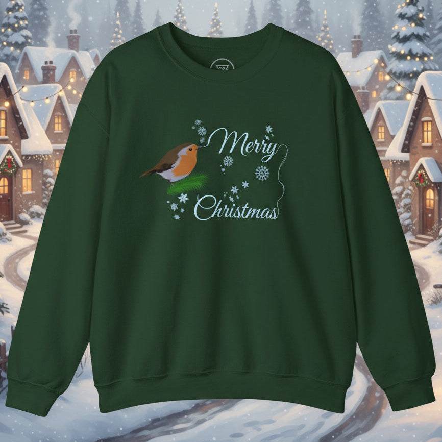 Green Christmas robin sweatshirt with festive bird and snowflake design saying Merry Christmas
