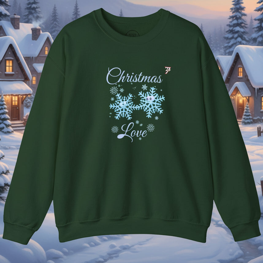 Green Christmas sweatshirt with snowflakes and "Christmas Love" text, cozy festive winter jumper for adults.