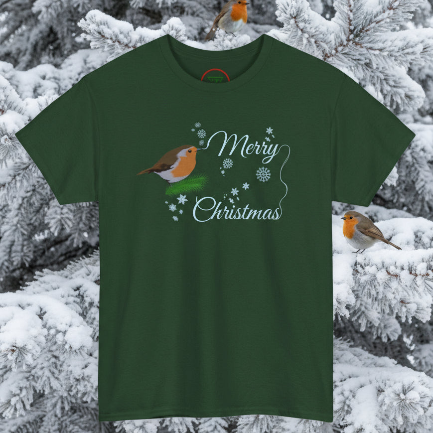 Green Christmas tee with hand-drawn robin and Merry Christmas text design
