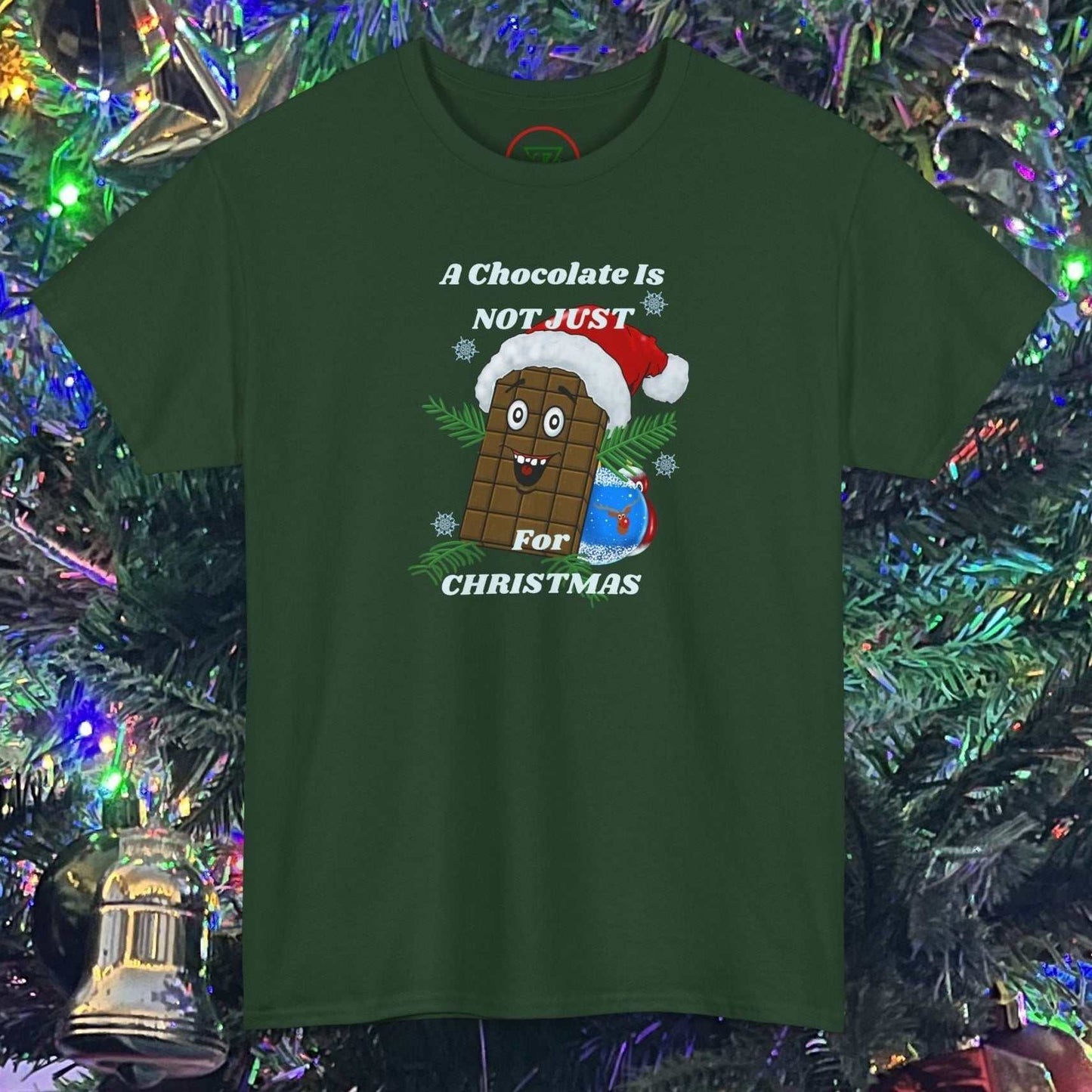 Green Christmas tee with a smiling chocolate bar wearing a Santa hat and festive text design