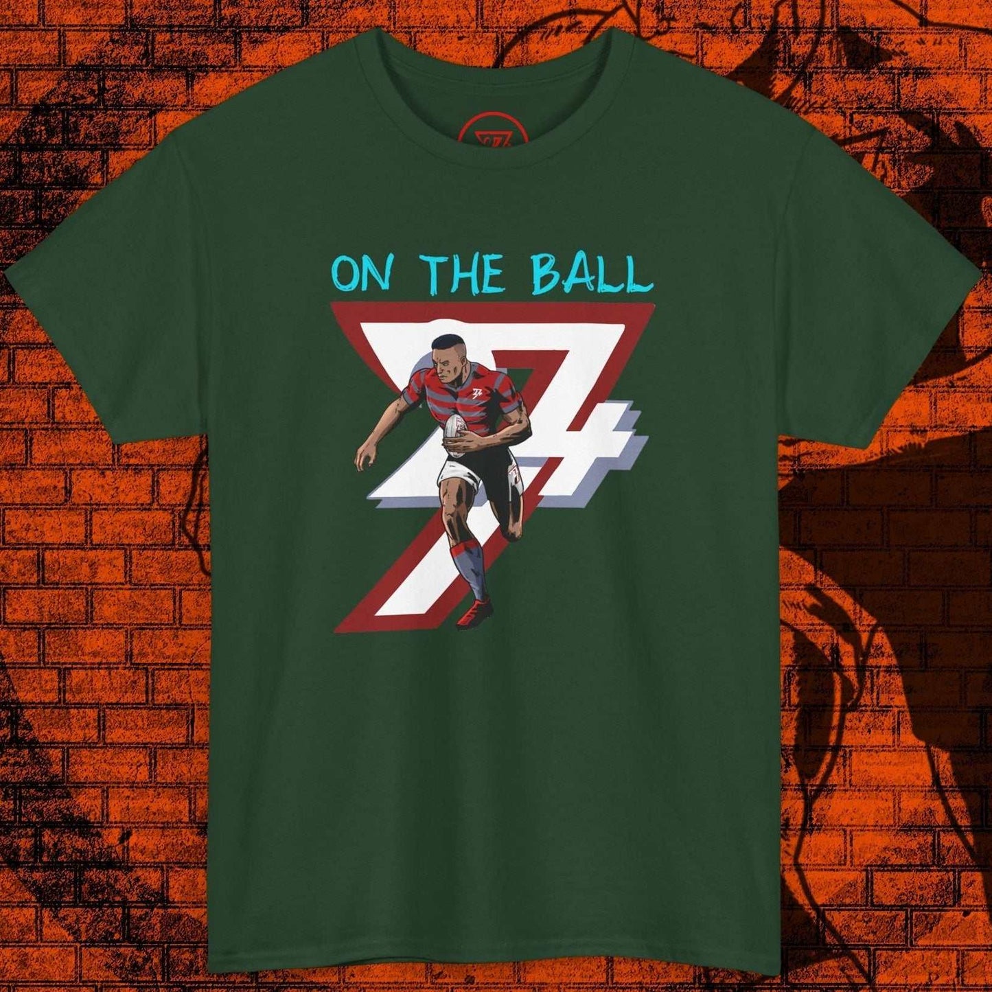 Green Comic-Style Rugby Player T-Shirt with hand-drawn rugby player and "On The Ball" text design