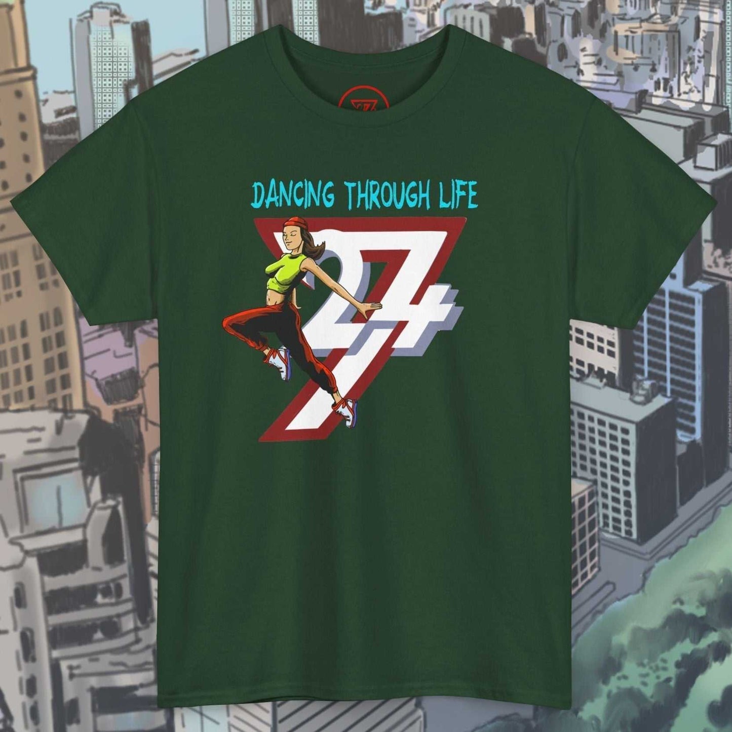 Green Dancing Girl Tee with hand-drawn dancing woman and "Dancing Through Life" text urban streetwear design