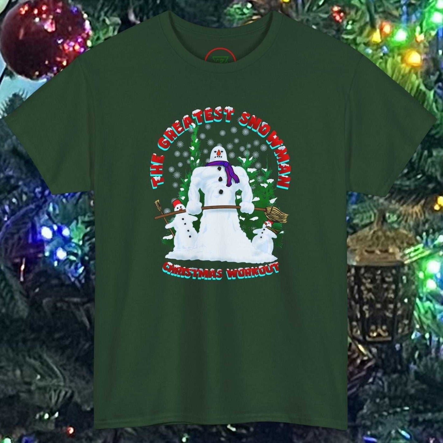 Green Greatest Snowman gym t-shirt with funny cartoon snowman lifting weights and Christmas workout text