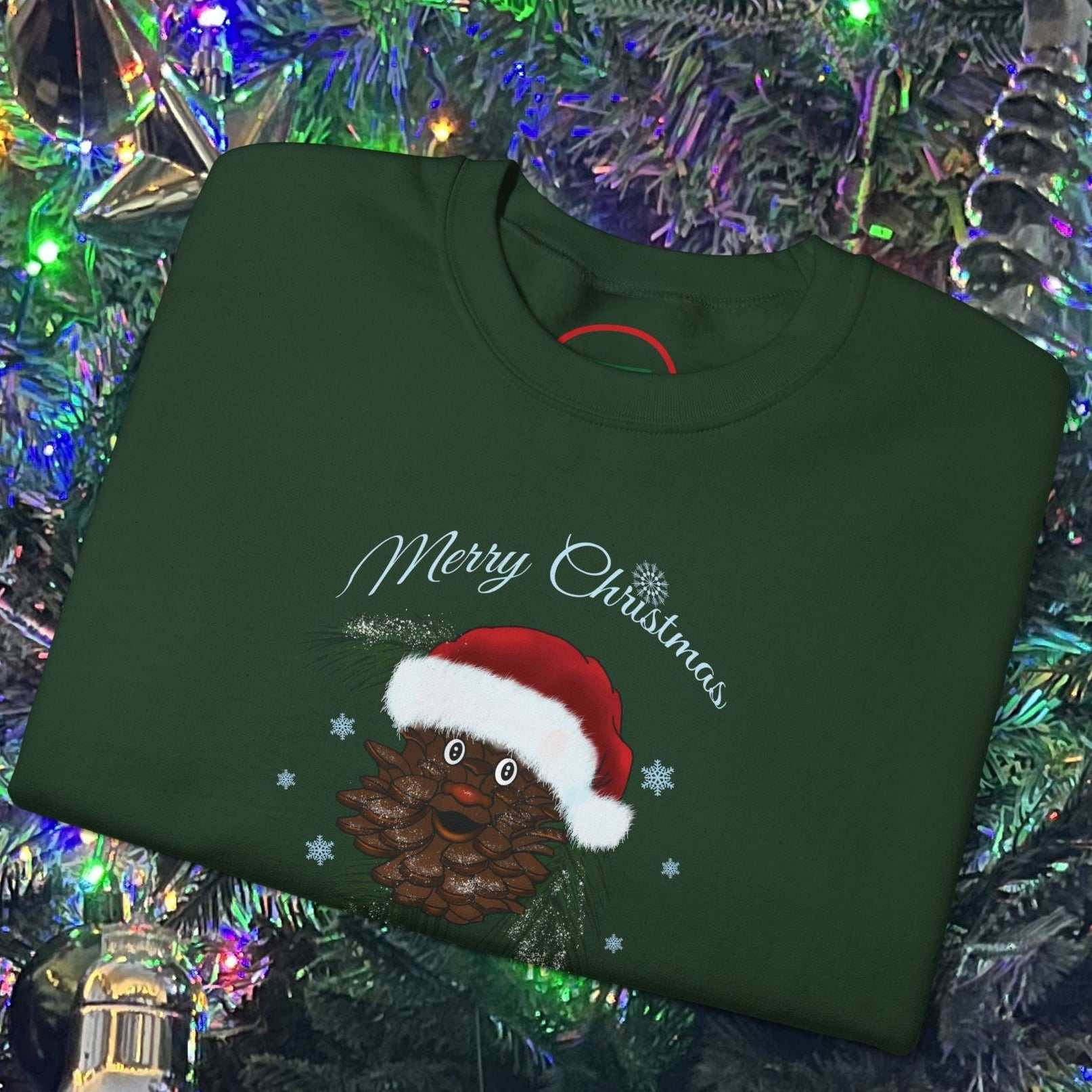 Green Santa Pinecone Christmas Sweatshirt with hand-drawn pinecone wearing Santa hat and Merry Christmas text
