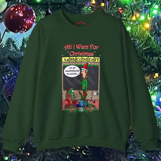 Green Teacher Christmas Sweatshirt with funny cartoon comics design showing a teacher elf in a classroom setting, ideal holiday gift for teachers.