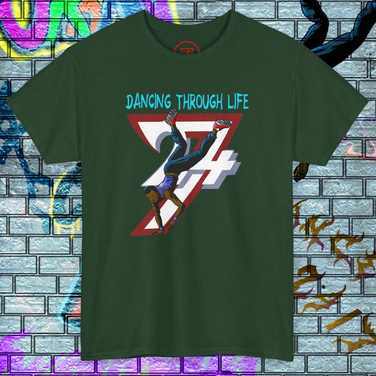 Green dance graphic t-shirt with breakdancer illustration and "Dancing Through Life" text on urban graffiti background