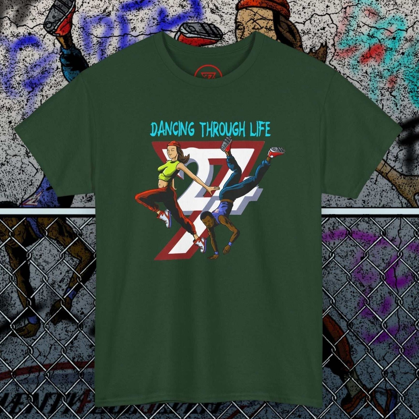 Green street dance T-shirt with colorful 90s funky comic-style dancers and "Dancing Through Life" text