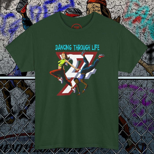 Green street dance T-shirt with colorful 90s funky comic-style dancers and "Dancing Through Life" text