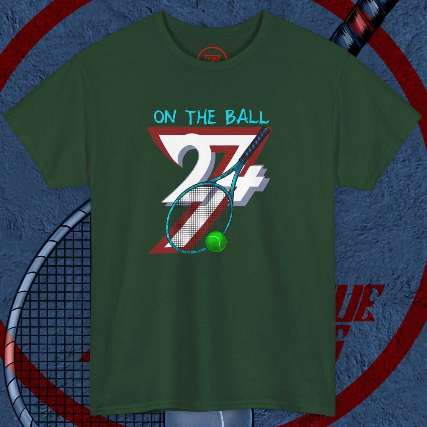 Green tennis sport T-shirt with hand-drawn racket and ball graphic and "On The Ball" text