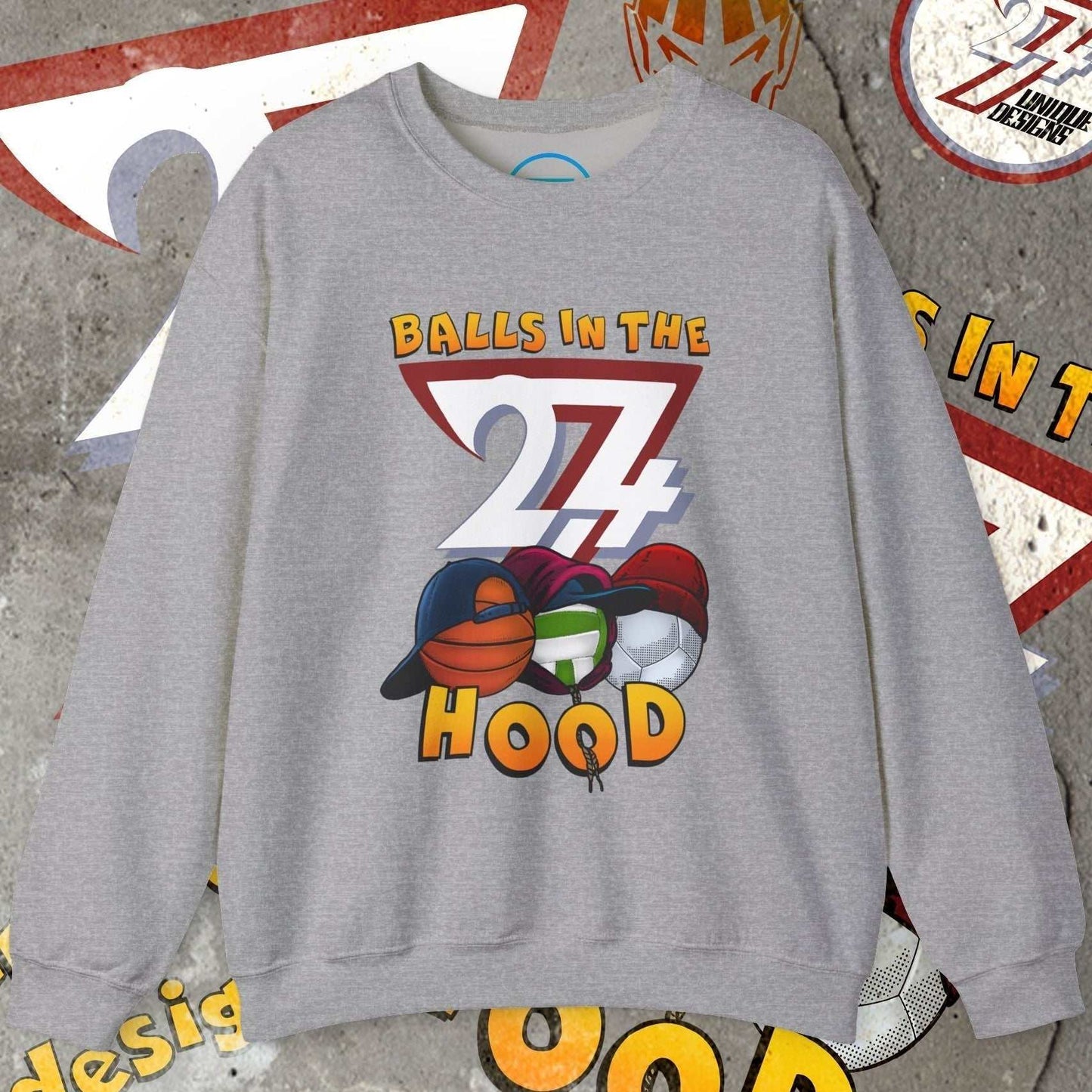 Grey Balls In The Hood sweatshirt with urban sports-themed graphic design on front