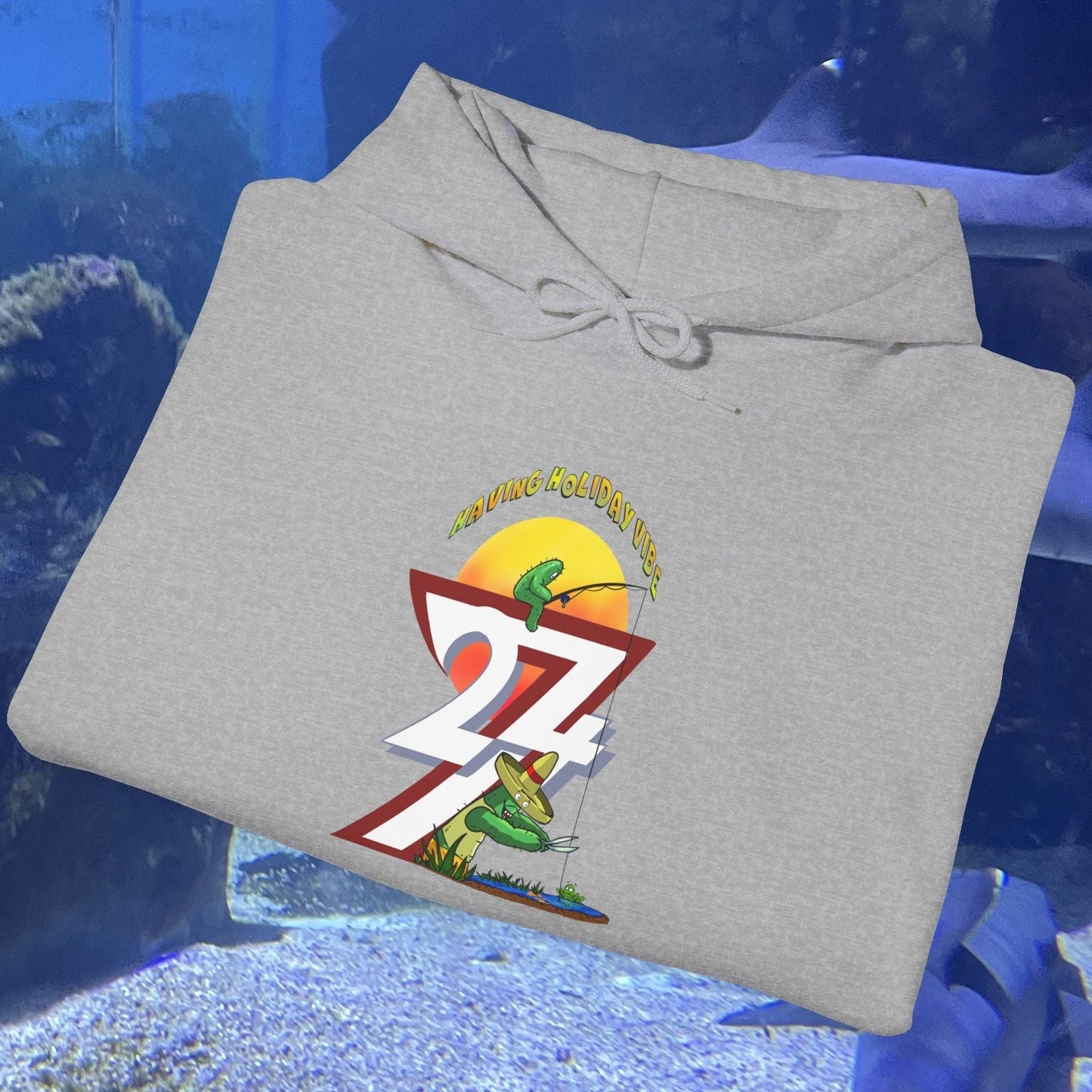 Grey Funny Fishing Hoodie with cactus and sunset design for summer holiday fishing enthusiasts