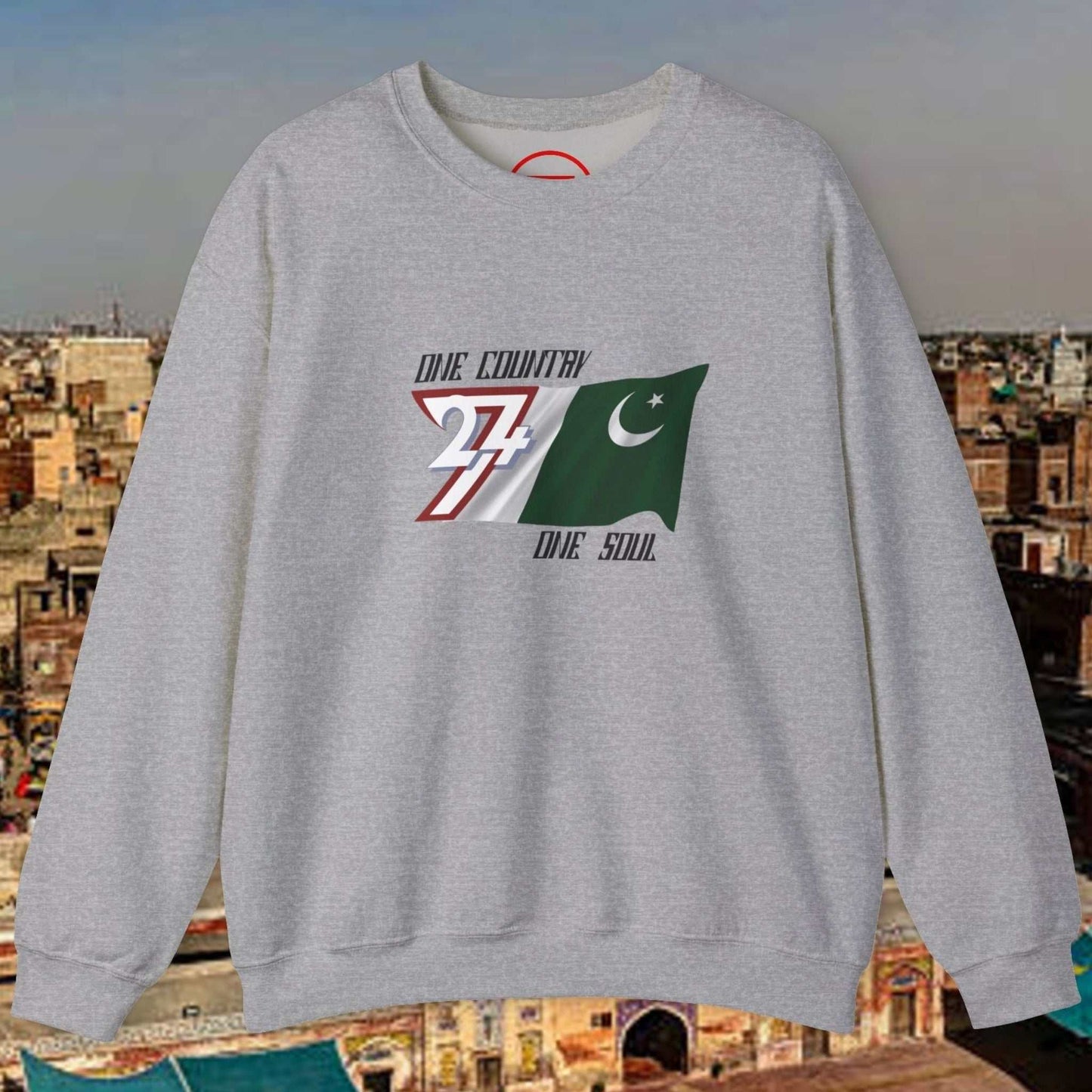 Grey Pakistan Flag Sweatshirt with hand-drawn flag and "One Country One Soul" slogan crewneck design