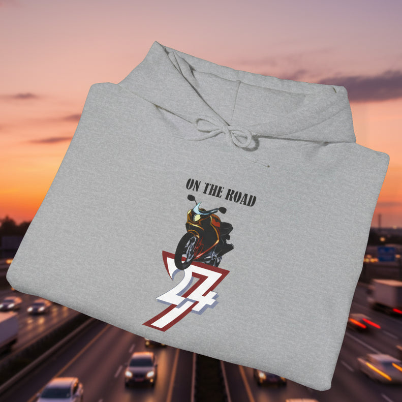 Grey bike hoodie with "On The Road" motorcycle design and "24/7" logo on front