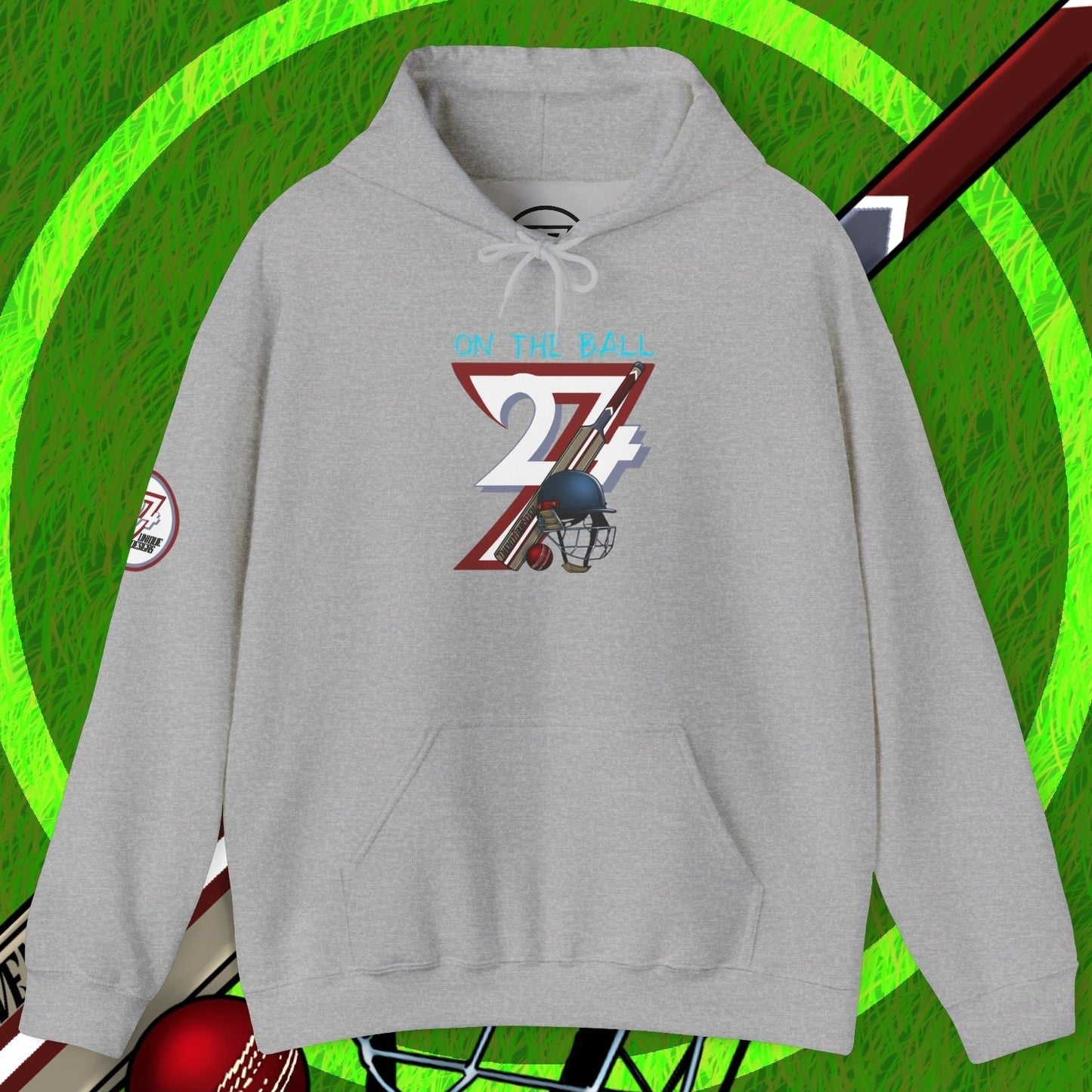 Grey cricket hoodie sweatshirt with unique cricket graphic and kangaroo pocket