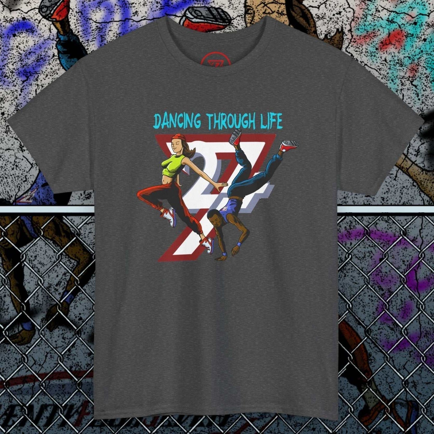 Grey dance t-shirt with colorful 90s funky comic-style dancers and "Dancing Through Life" text