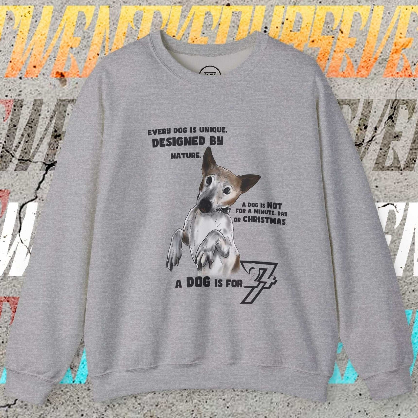 Grey dog lover sweatshirt with Jack Russel design and black text print