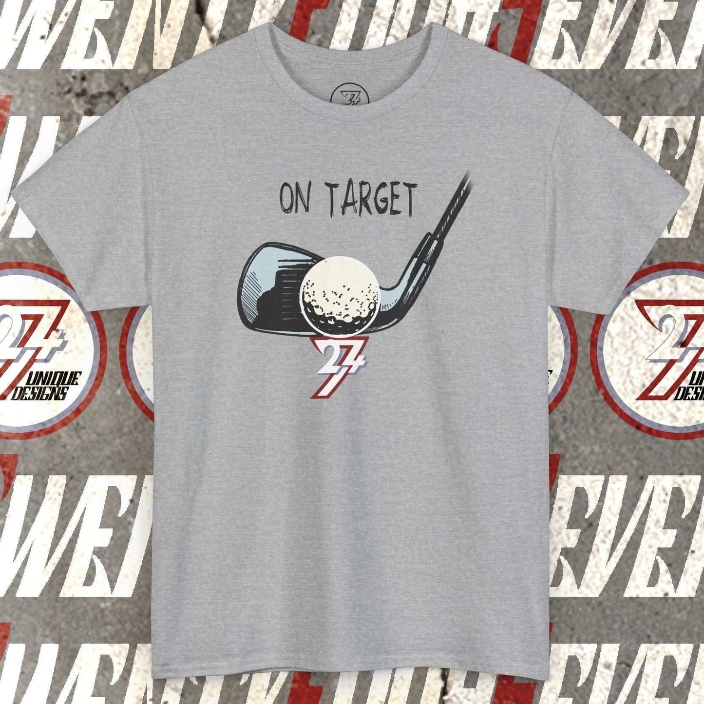 Grey golf graphic t-shirt with hand-drawn golf club and ball illustration and "On Target" text