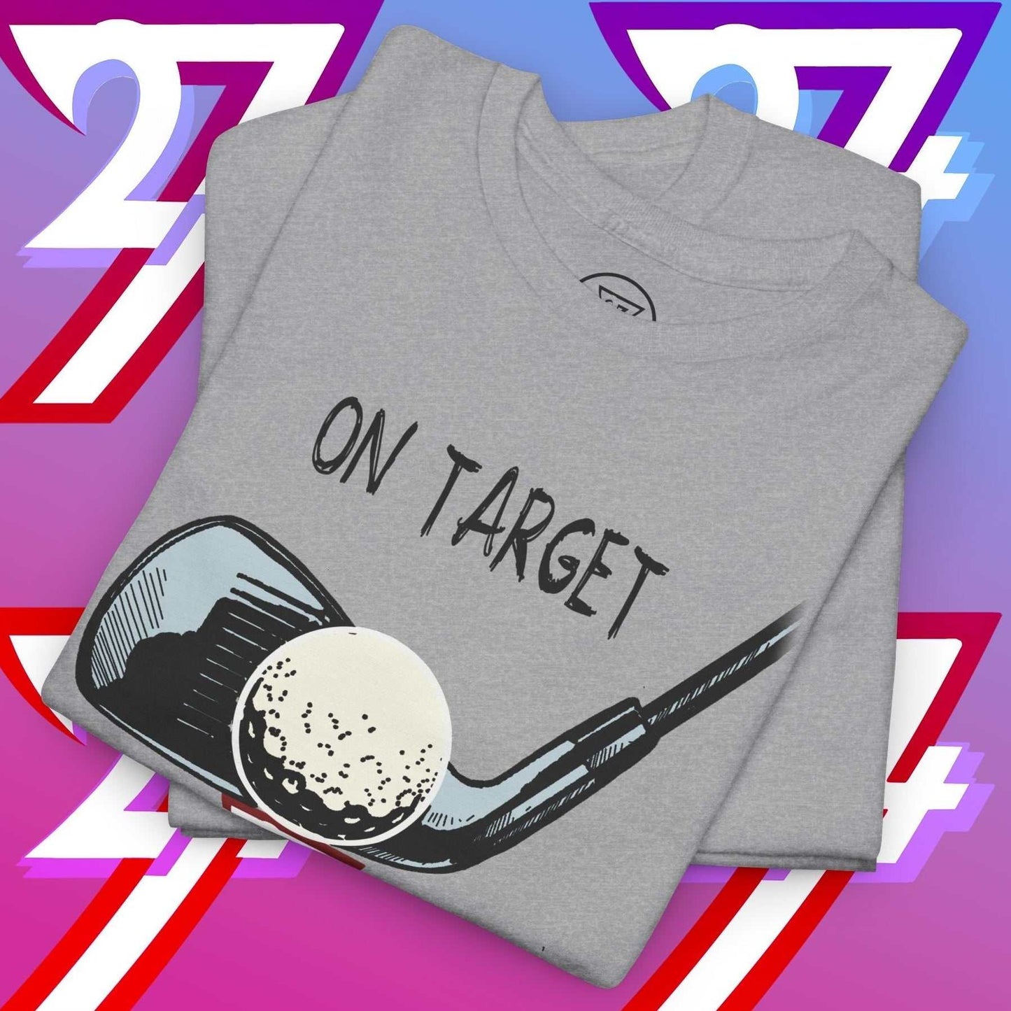 Grey golf graphic t-shirt with hand-drawn golf club and ball illustration and "On Target" text design