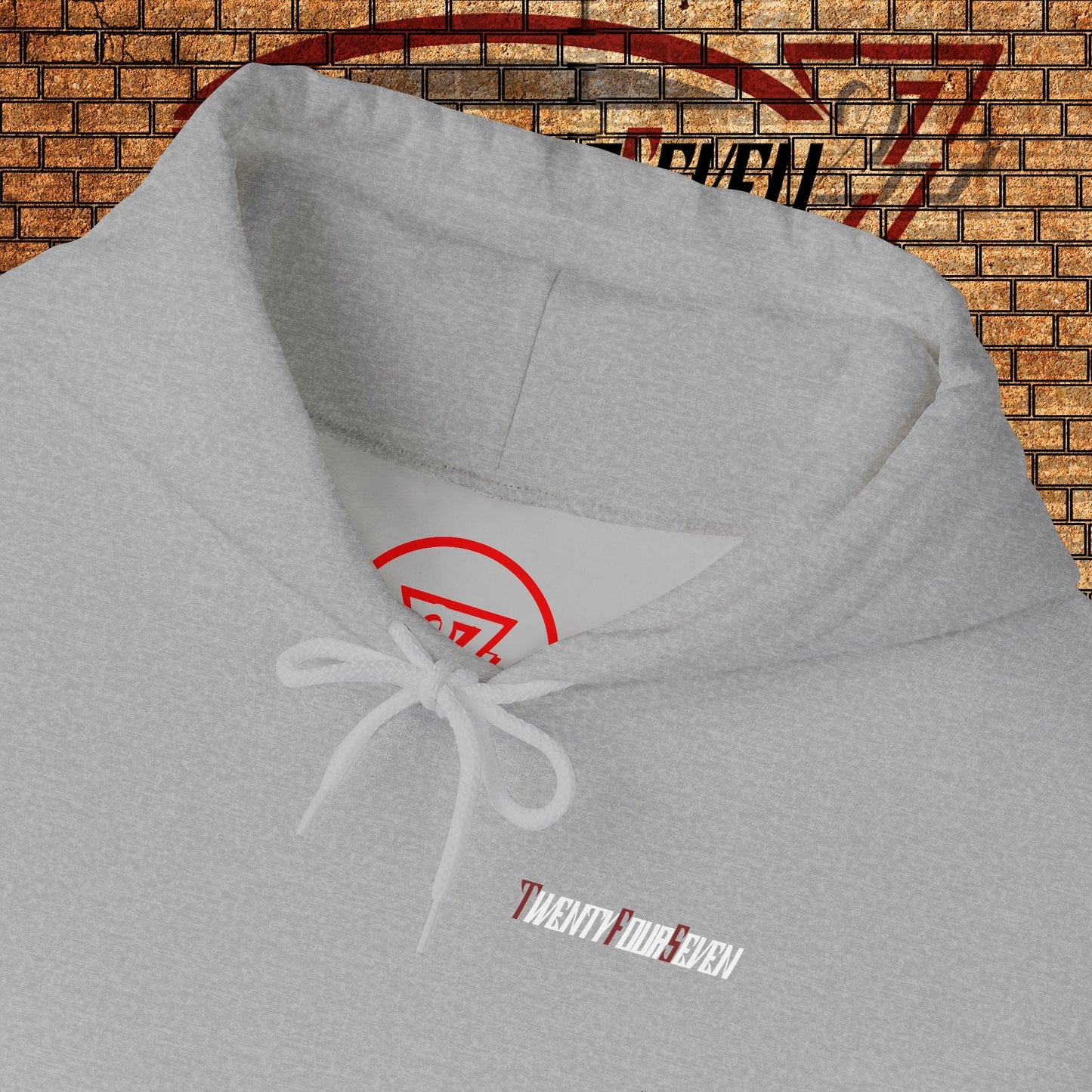 Grey printed hoodie with Twentyfourseven logo and adjustable drawstring hood