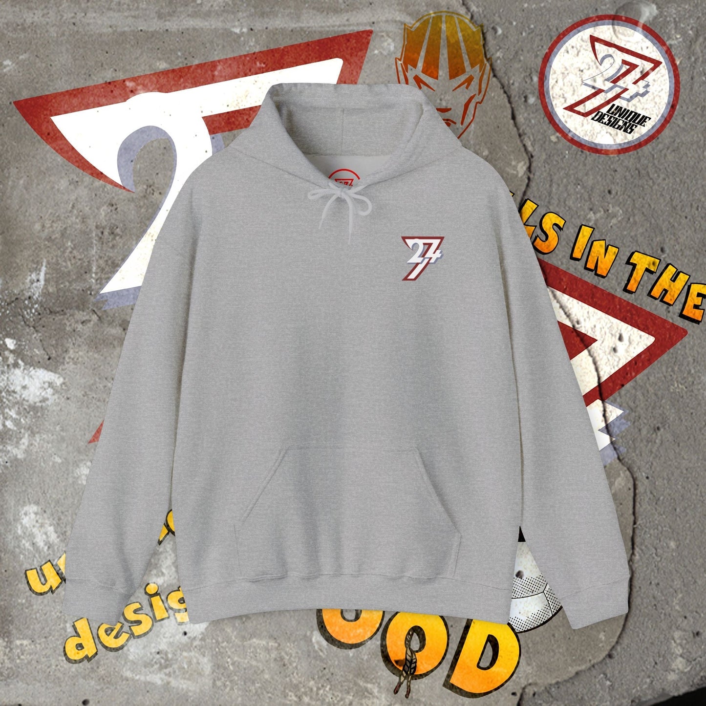 Grey stylish hoodie with Twentyfourseven logo, kangaroo pocket, and adjustable hood, comfortable streetwear gift option