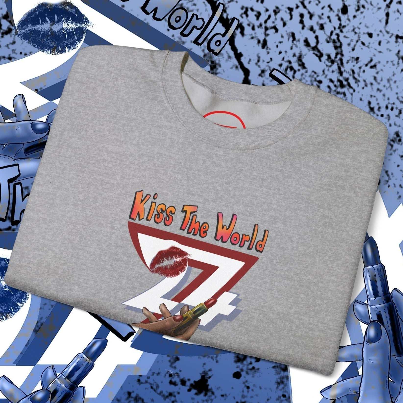 Grey sweatshirt with bold lipstick design and "Kiss The World 24/7" text for women