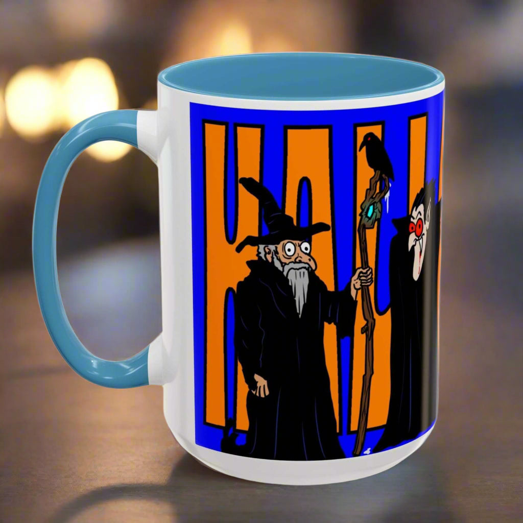 Halloween Coffee Mug, vibrant design, available in 11oz and 15oz sizes, perfect for spooky celebrations.