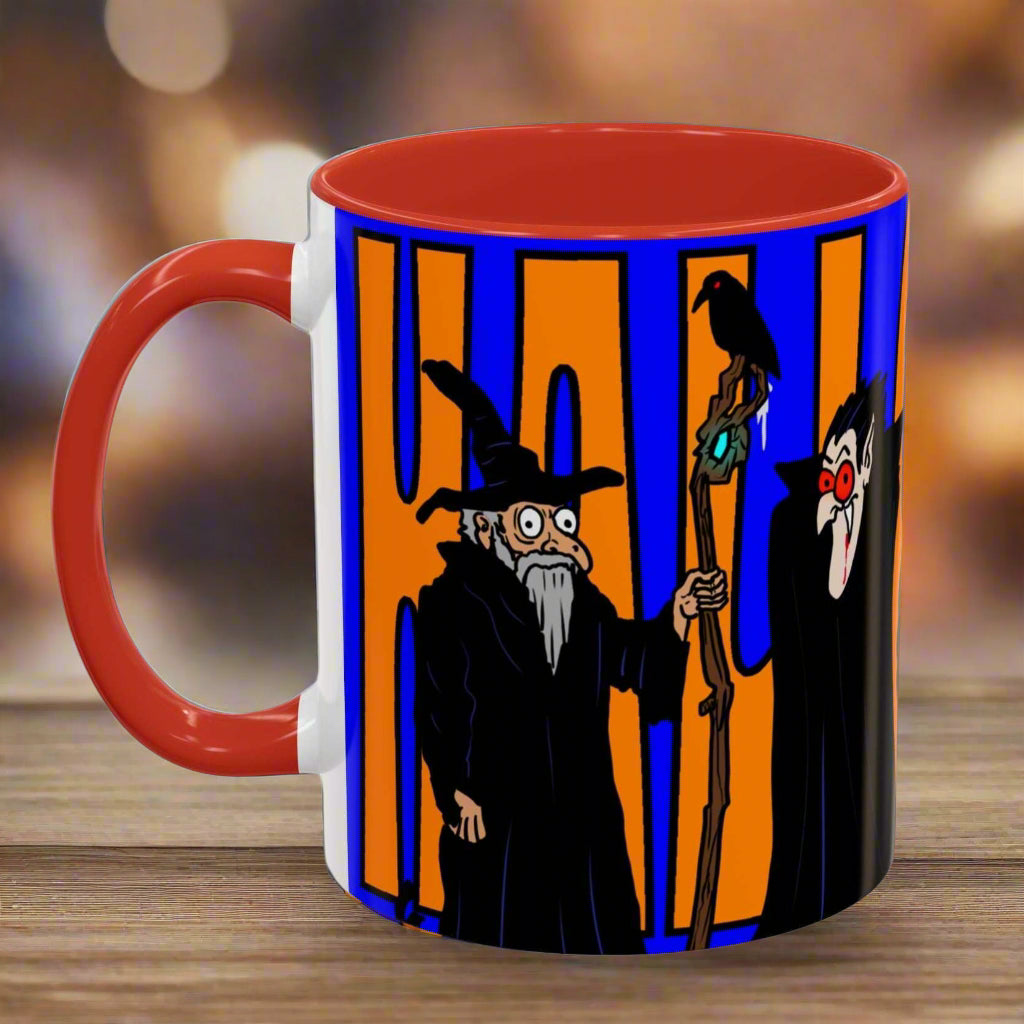 Halloween Coffee Mug with colorful spooky design, available in 11oz and 15oz sizes.