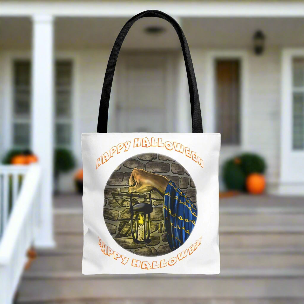 Halloween Tote Bag with spooky design, durable 100% polyester, reinforced handles, and boxed corners for extra space. Ideal for Halloween lovers.