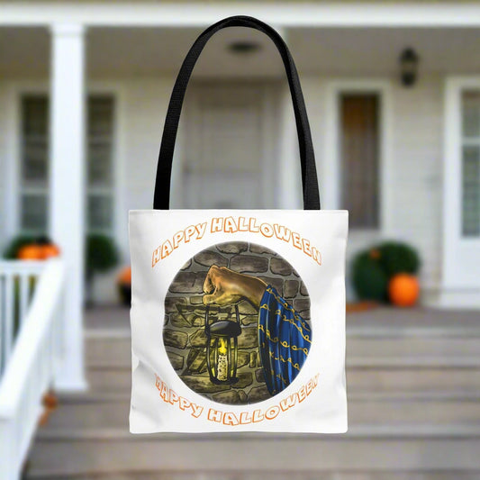 Halloween Tote Bag with spooky design, durable 100% polyester, reinforced handles, and boxed corners for extra space. Ideal for Halloween lovers.