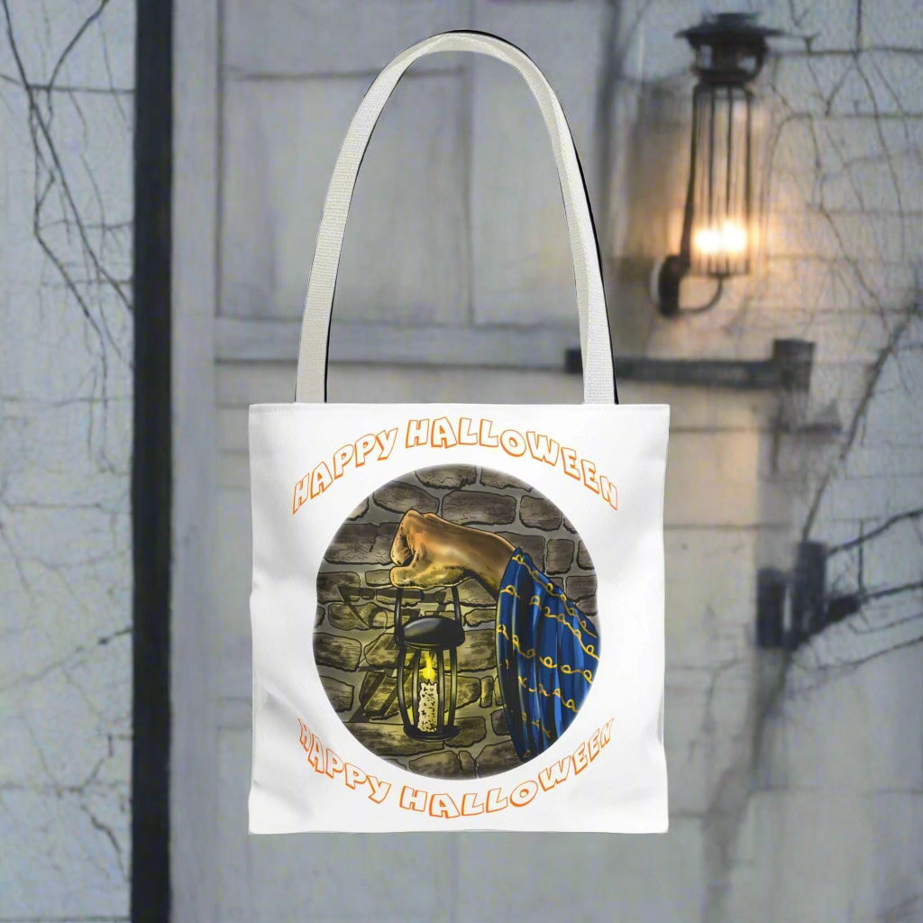 Halloween Tote Bag with spooky lantern design, durable polyester, reinforced handles, and boxed corners for everyday use.