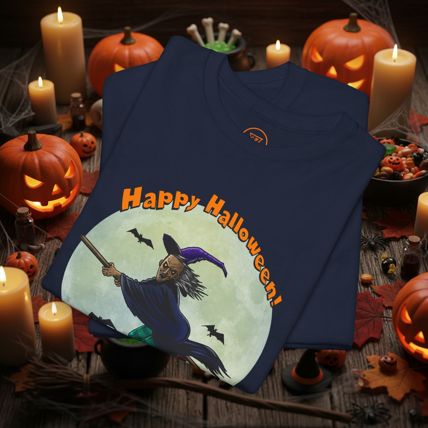 Halloween Witch Tee navy shirt with flying witch graphic and full moon, Halloween decoration background