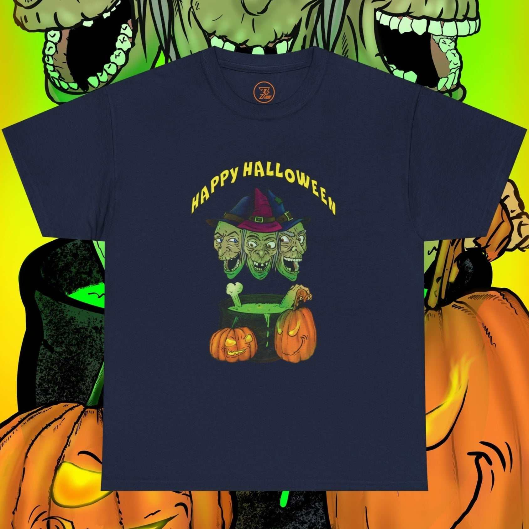 Halloween Witches Tee with three spooky witches heads and pumpkins on navy blue t-shirt