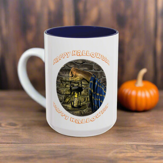 Halloween Wizard Coffee Mug with lantern design and blue interior, perfect for spooky season.