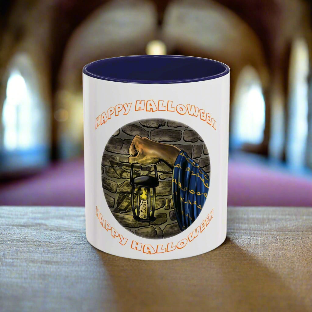 Halloween Wizard Coffee Mug with vibrant design, C-shaped handle, and glossy finish.