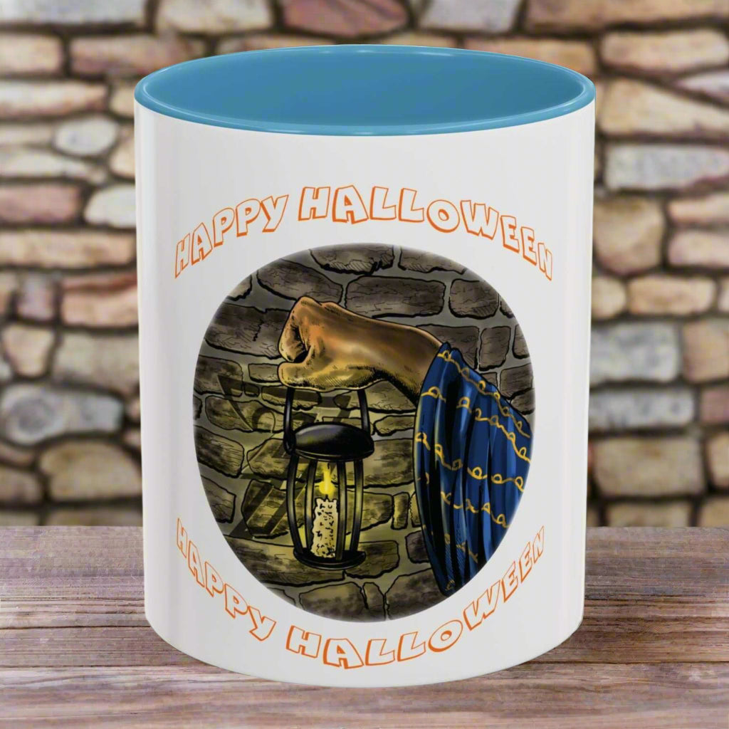 Halloween Wizard Coffee Mug with vibrant design and color options, microwave and dishwasher safe.