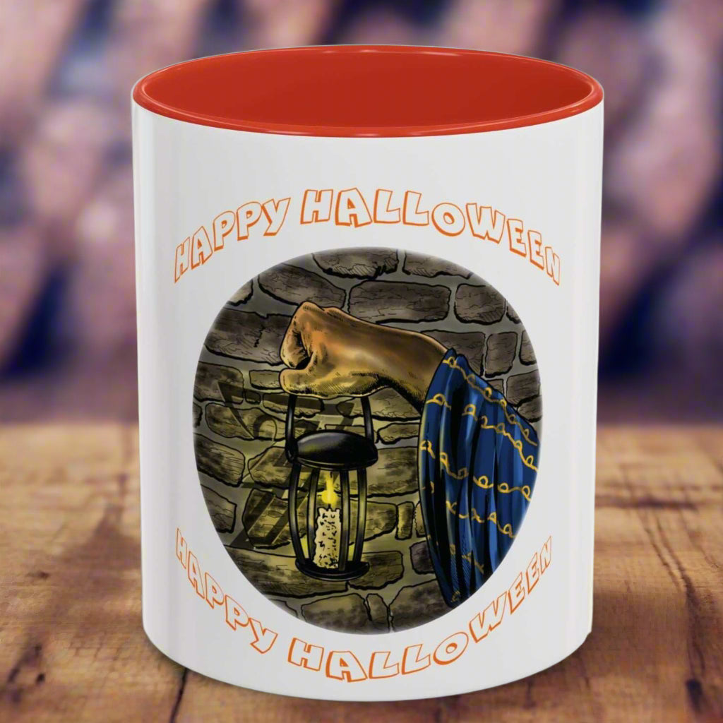 Halloween Wizard Coffee Mug with vibrant design and red interior.